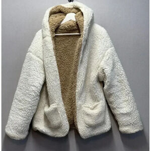 Love Tree Women's Sherpa Reversible Hooded Open Cardigan Jacket White/Beige Sz M